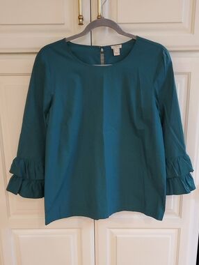 J. Crew Green Ruffle-Sleeve Cotton Blouse